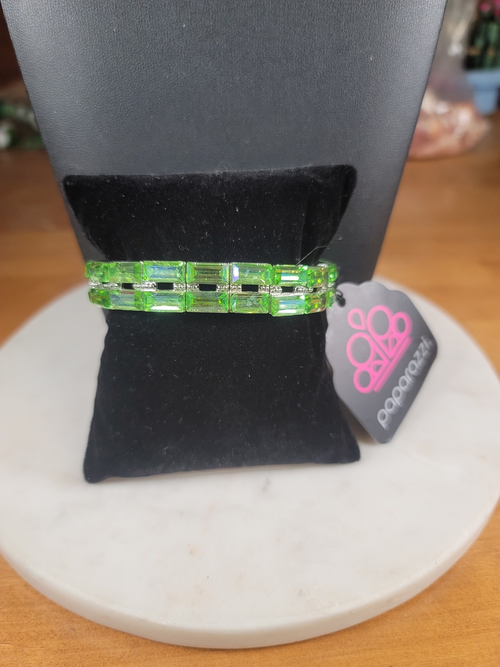 Paparazzi Neon Green Baguette Crystal Double-Row Stretch Bracelet